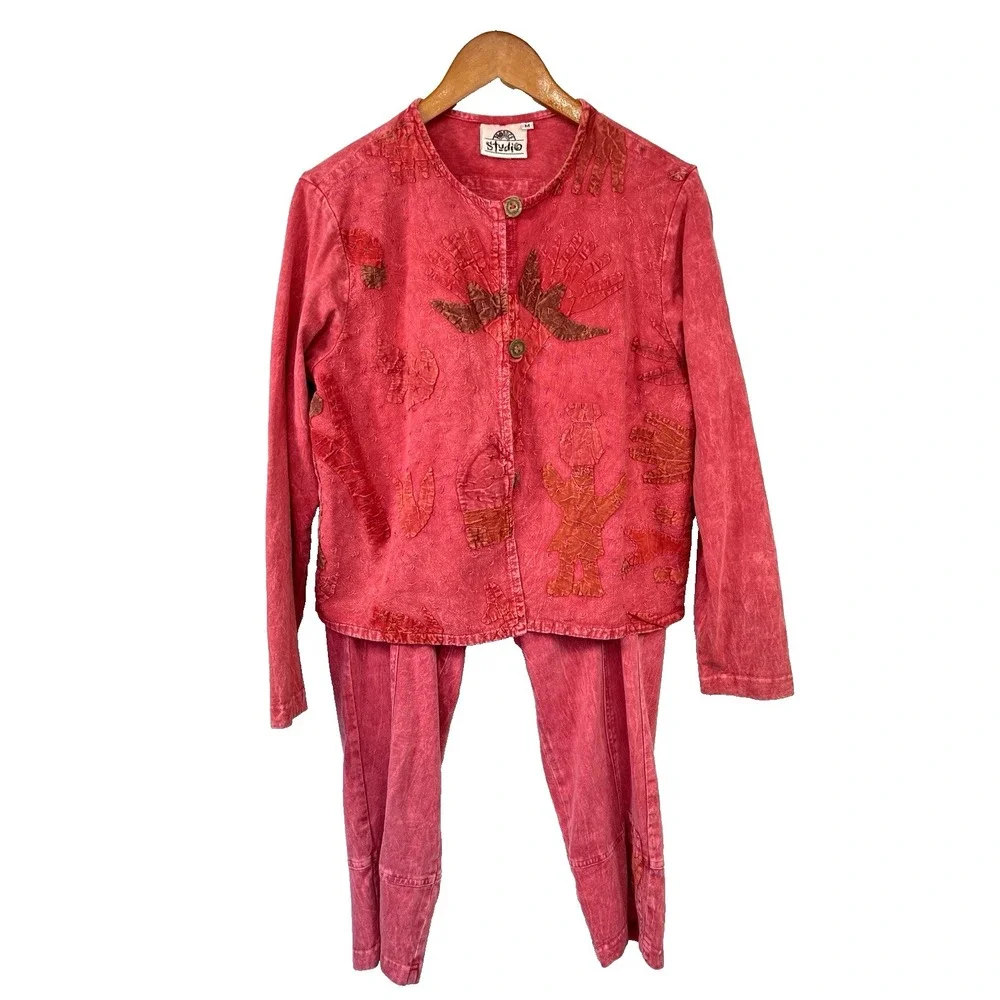 Vintage Studio Produce Embroidered Top & Pants Set Sz M Hippie Boho Art-to-Wear